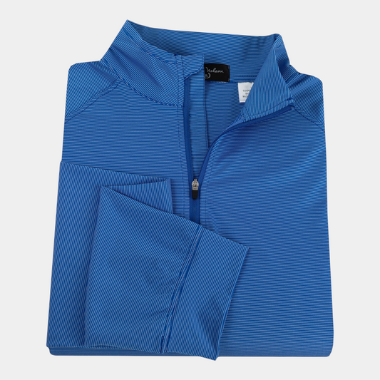 Byron Nelson blue striped performance quarter-zip pullover made from lightweight, stretchy polyester-spandex fabric.