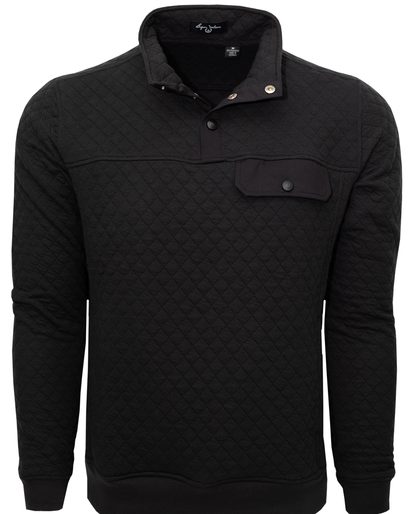 A black quilted sweatshirt with a snap placket and contrast chest pocket, featuring a ribbed cuff and hem.