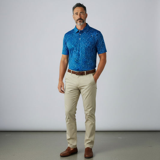 Byron Nelson 19th Pour blue golf polo with tequila print, moisture-wicking stretch fabric, worn with beige trousers.