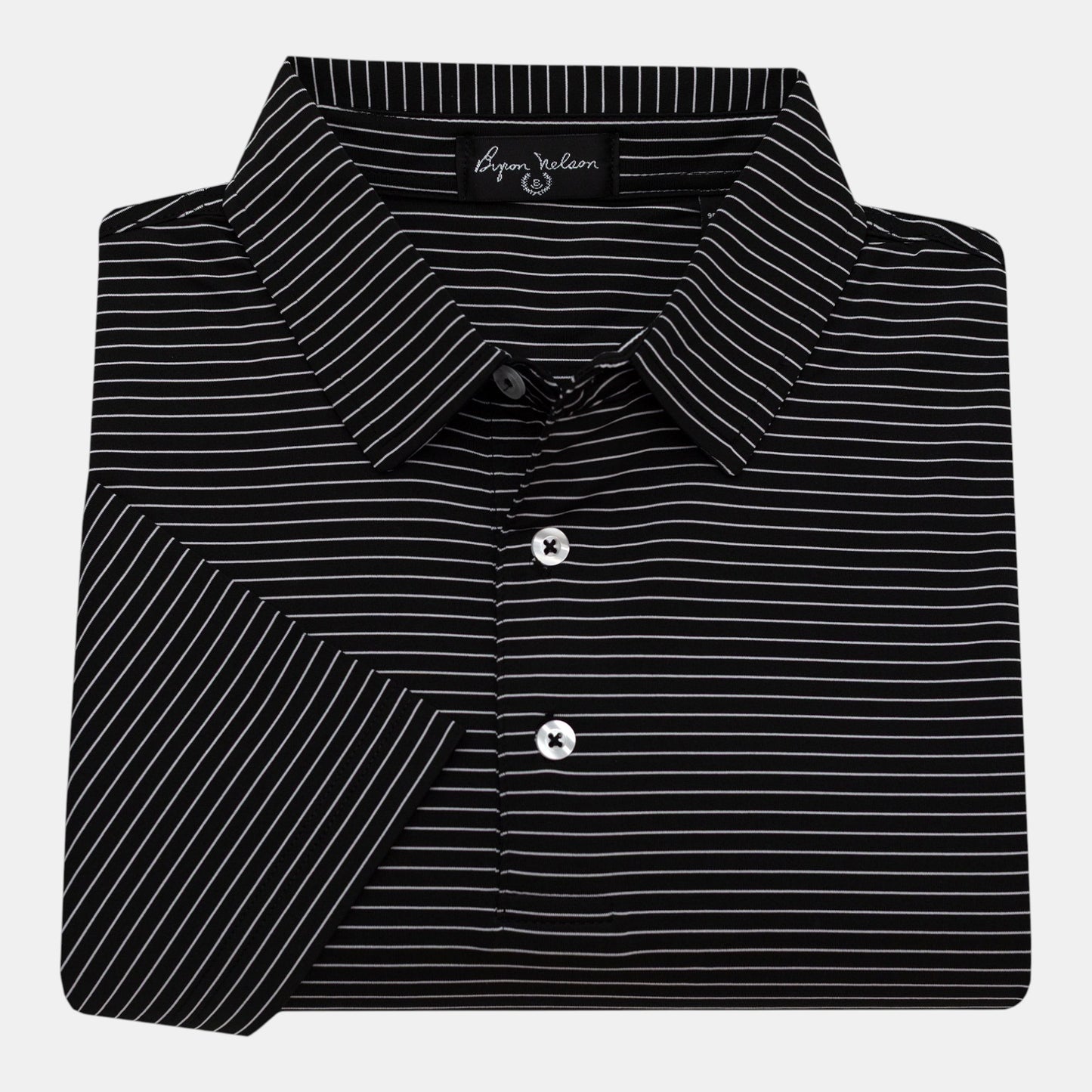 Byron Nelson black and white striped polo shirt, 95% polyester/5% spandex blend, moisture-wicking, four-way stretch.