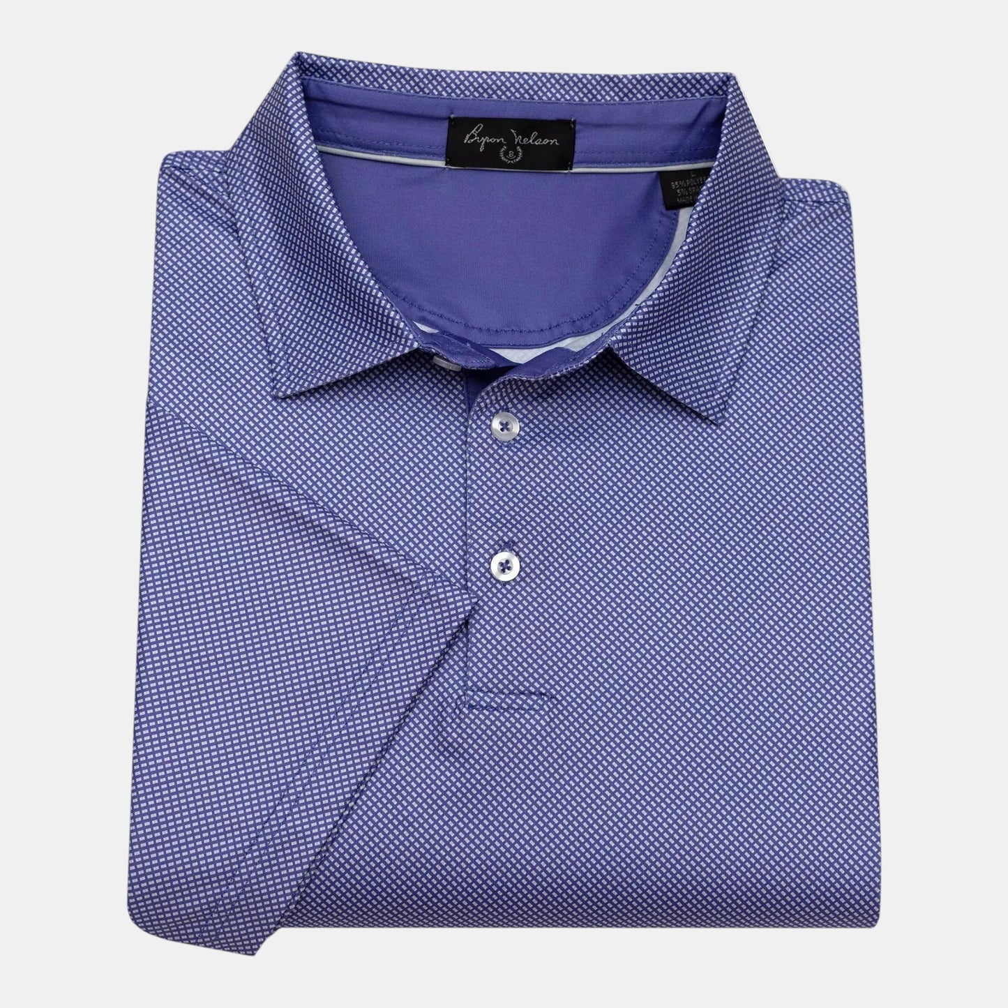 Byron Nelson blue polyester-spandex polo shirt with a subtle geometric pattern and moisture-wicking technology.