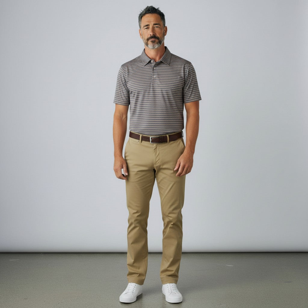 Byron Nelson Blue Ridge Stripe polo shirt in grey with horizontal stripes, worn by a man with khaki trousers.