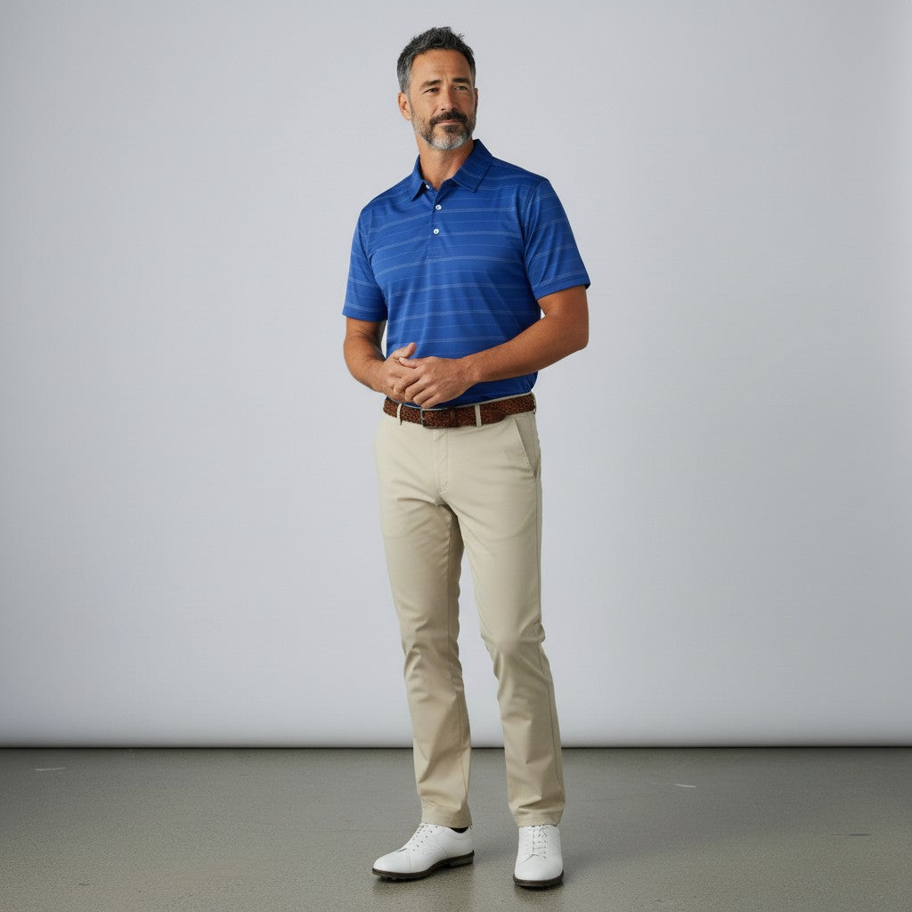 Byron Nelson Caddie Stripe blue moisture-wicking golf polo shirt worn by a man with beige trousers and white shoes
