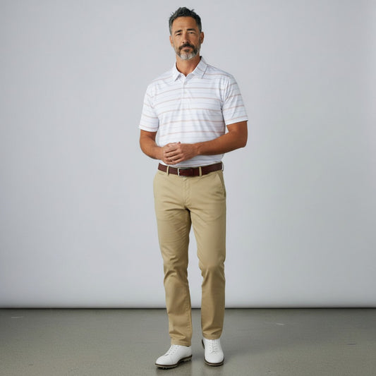 Byron Nelson Caddie Stripe polo shirt in white with horizontal stripes, worn by a man with khaki trousers.