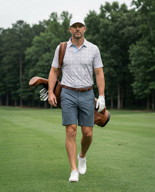 Byron Nelson Fairway Flock polo shirt with parrot print, light blue collar, made of polyester and spandex blend.