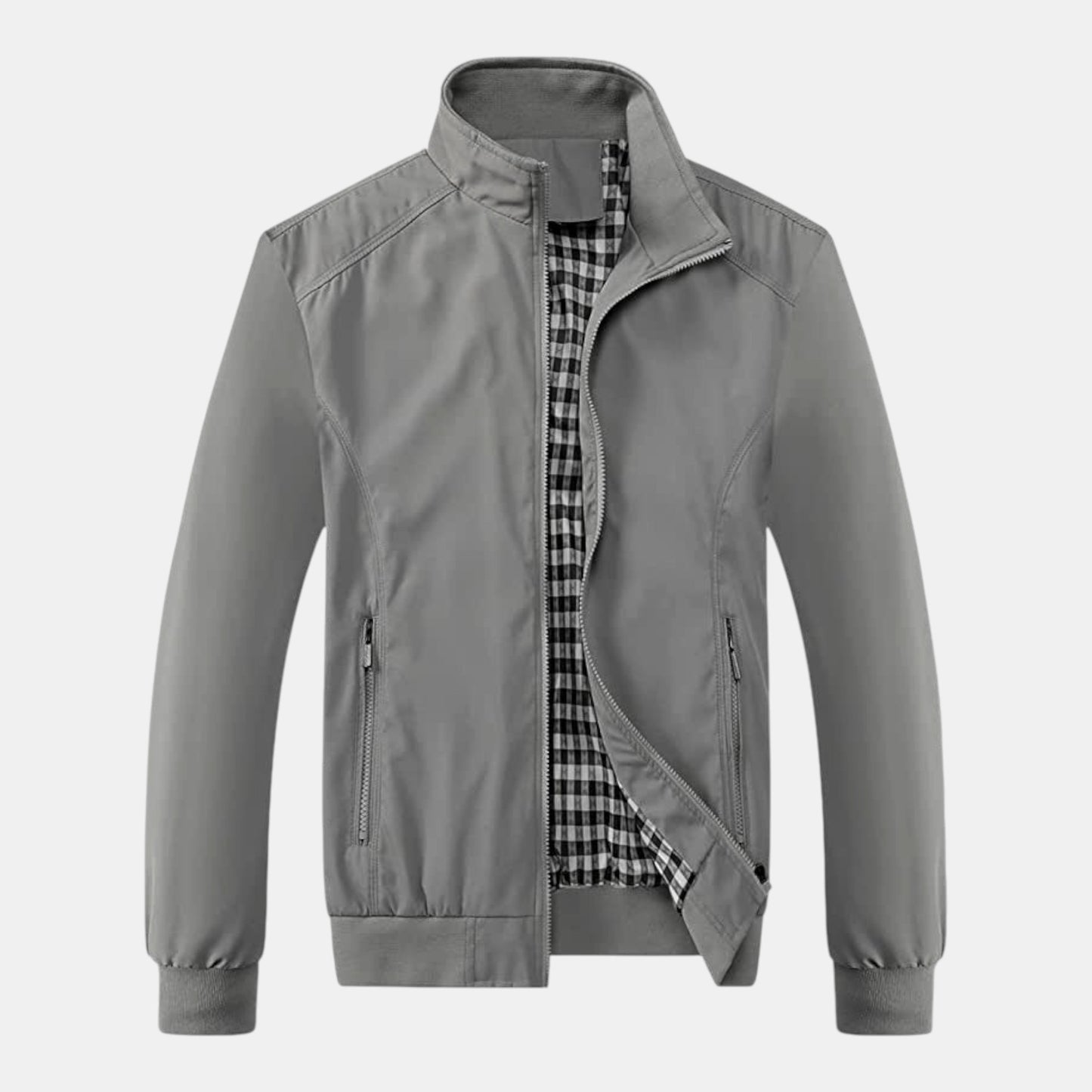 Byron Nelson grey polyester bomber jacket with a black and white checkered lining and zippered pockets.