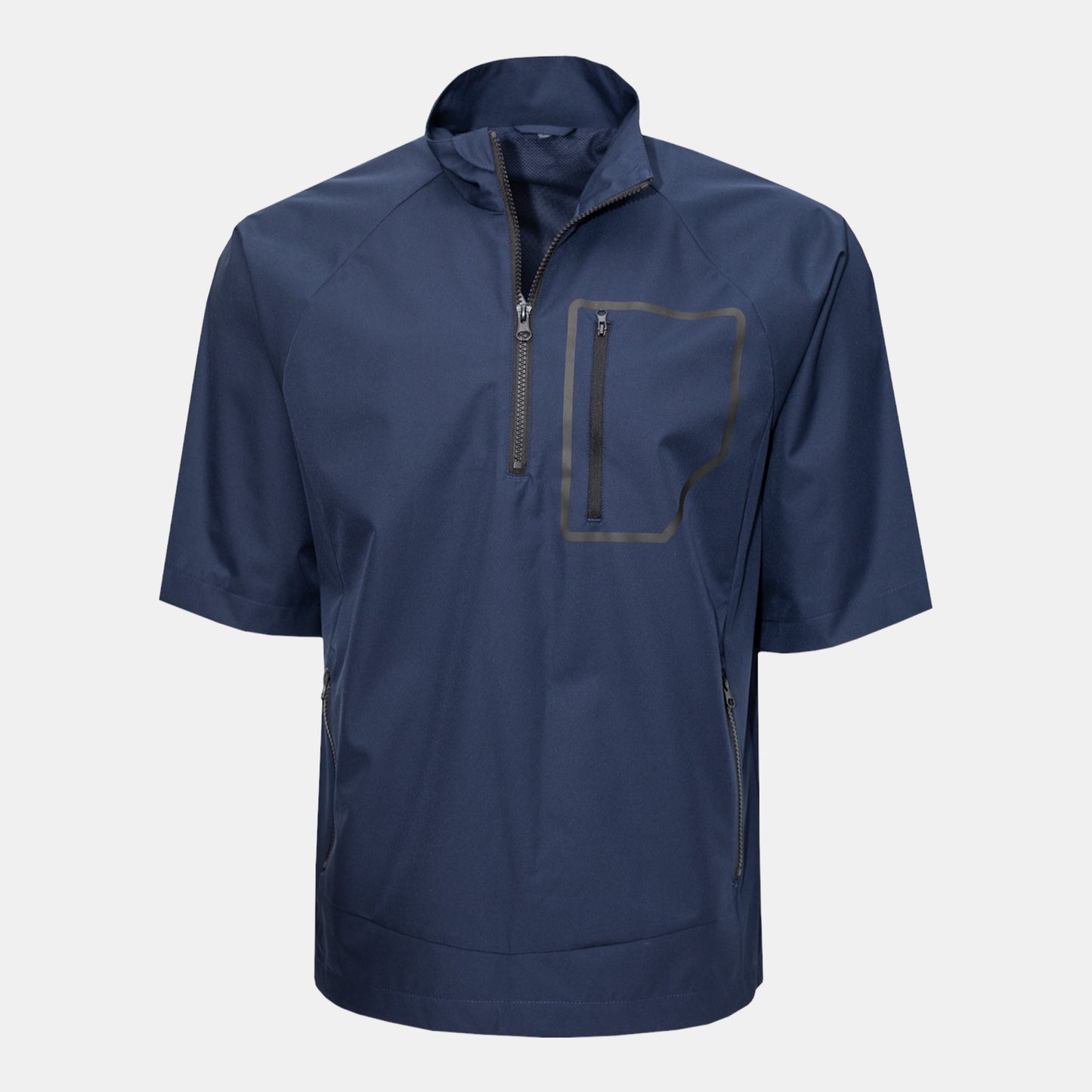 Byron Nelson Hamptons Pullover, navy blue, 100% polyester, short sleeve, 1/4 zip, waterproof, with chest and side zip pockets.