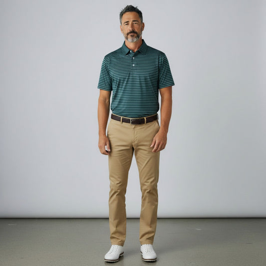 Byron Nelson Harborline Polo in green with performance stripes, worn by a man with khaki trousers and golf shoes.