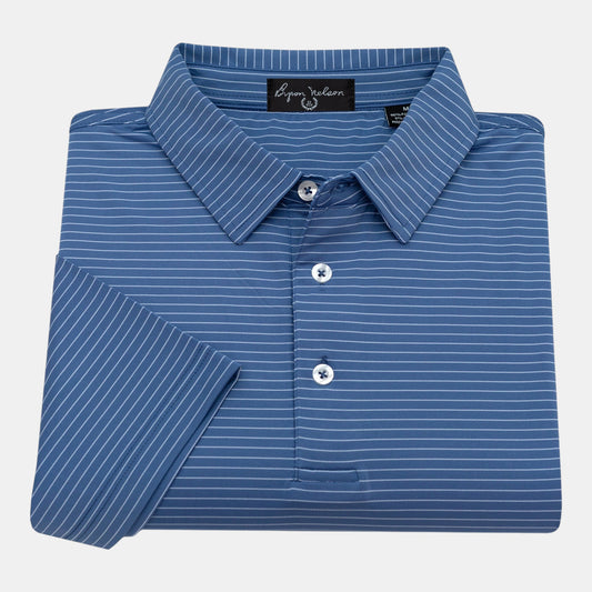 Byron Nelson Key West Polo in Baltic Blue with white stripes, made from polyester/spandex blend with moisture-wicking and stretch features.