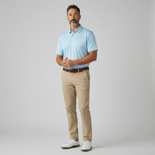 Byron Nelson Key West Polo in Baltic blue with white stripes, worn by a man with khaki trousers and golf shoes.