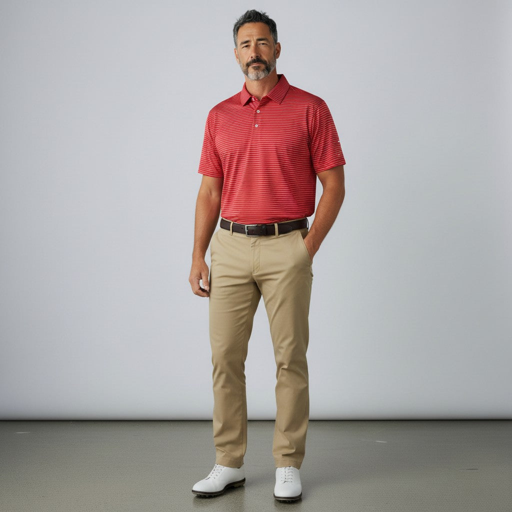 Byron Nelson Key West Polo in red with white stripes, worn by a man with khaki trousers and white golf shoes.
