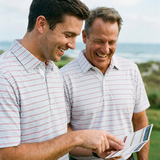 Two men in Byron Nelson Mariner Stripe golf shirts with red and blue stripes, made of polyester and spandex.