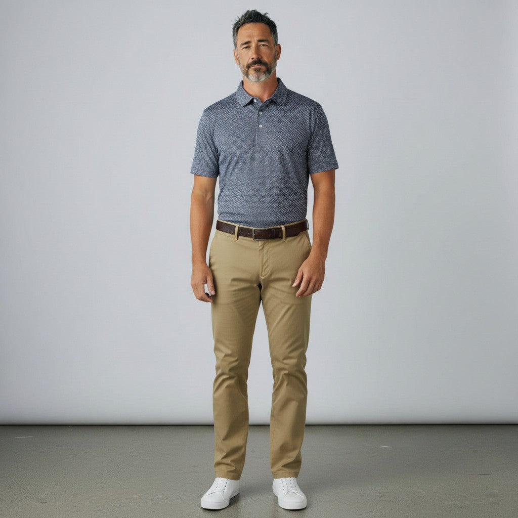 Byron Nelson Midnight Mesh golf polo in dark blue with a subtle pattern, paired with khaki trousers and white sneakers.