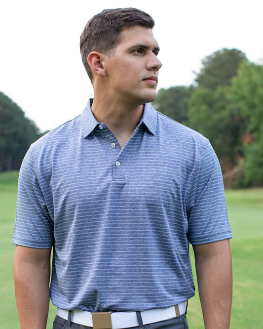 Byron Nelson Nantucket Polo shirt for men, blue with subtle horizontal stripes, performance fabric, tailored fit.