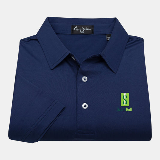 Byron Nelson navy blue polyester-spandex polo shirt with Saguto Golf logo, moisture-wicking and stretch fabric.