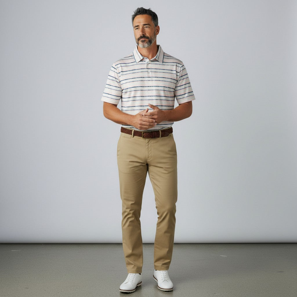 Byron Nelson ombre stripe golf polo in white with blue and red stripes, worn by a man with khaki trousers.