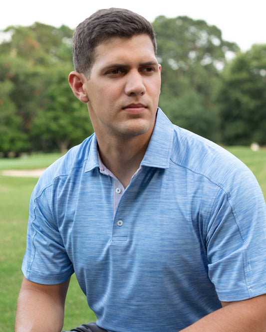 Byron Nelson light blue heathered performance polo shirt with raglan sleeves and a two-button placket.