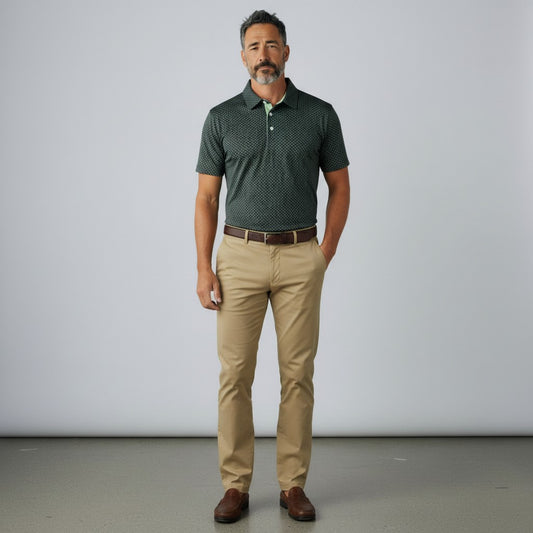 Byron Nelson Pine Hollow Polo in dark green with a subtle geometric pattern, worn with khaki trousers by a man.