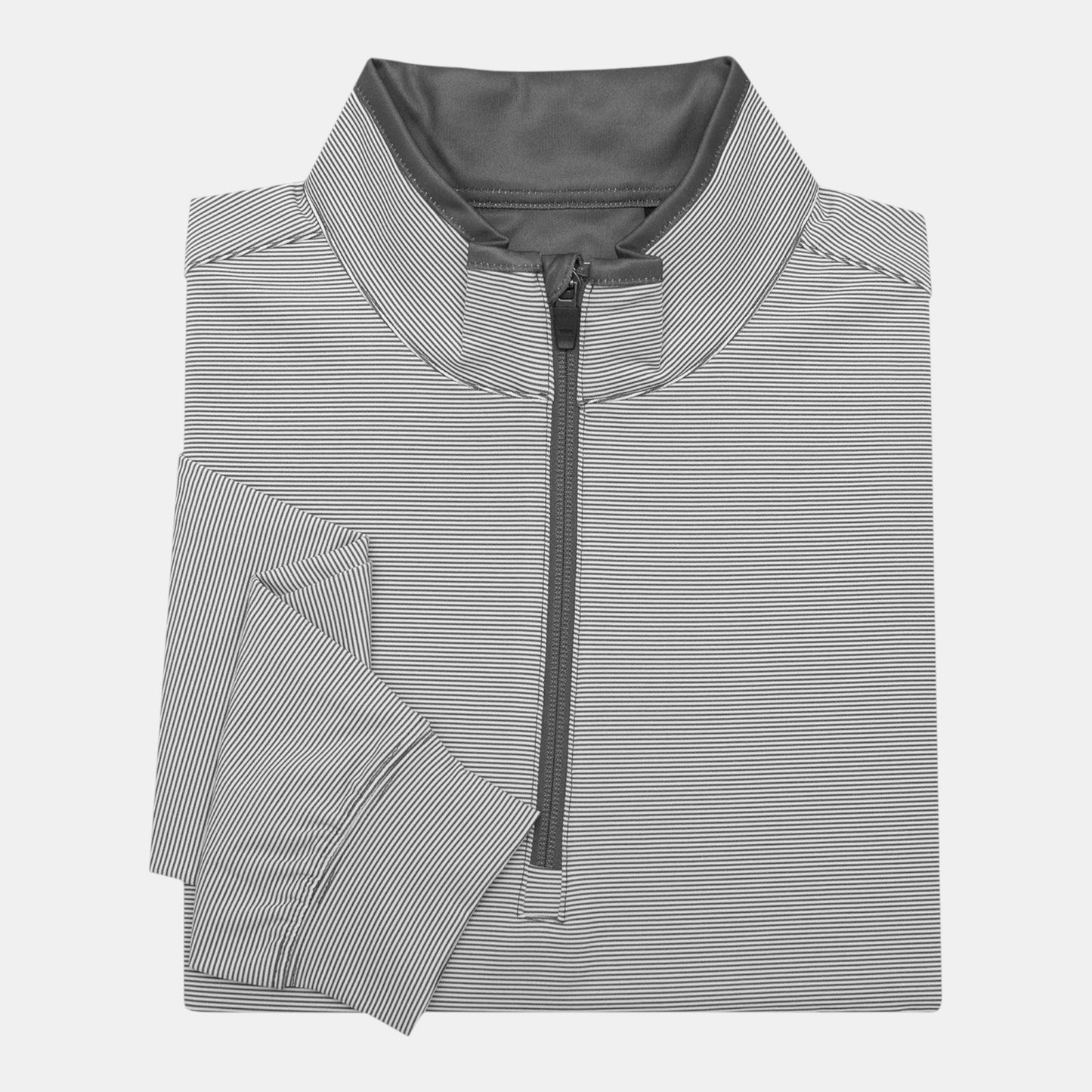 Byron Nelson grey and white striped polyester-spandex quarter-zip pullover with stand collar.