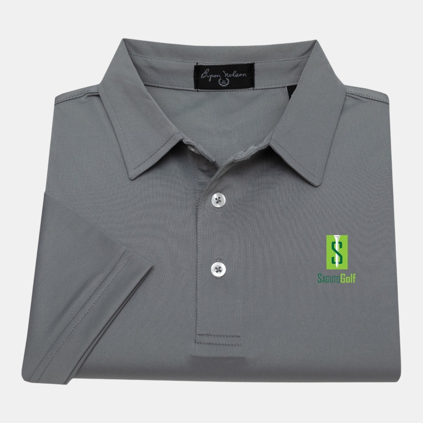 Byron Nelson Saguto Polo shirt in grey polyester-spandex blend with moisture-wicking fabric and Saguto Golf logo.