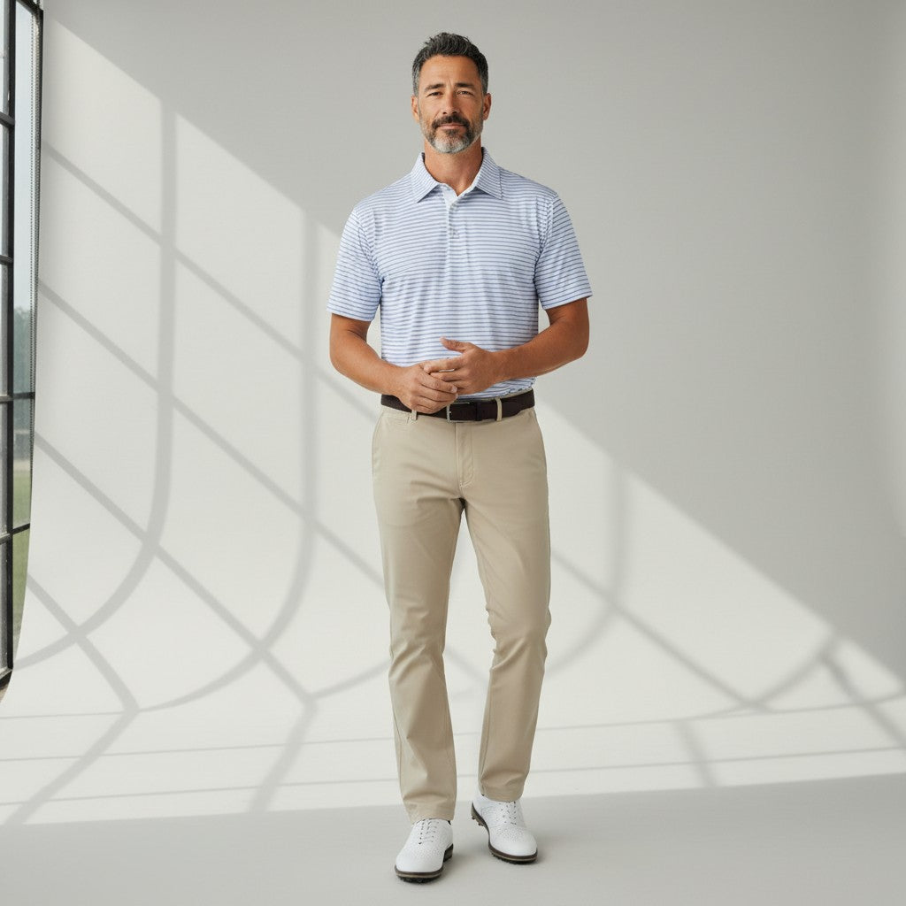 Byron Nelson Seaside Stripe polo shirt in light blue and white worn by a man with beige trousers and golf shoes.