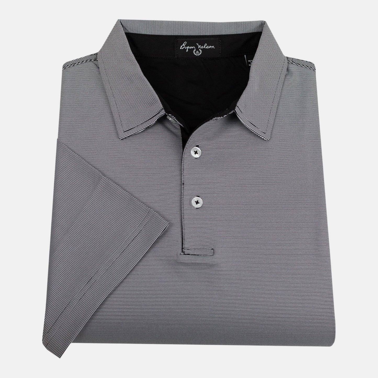 Byron Nelson Tampa Polo shirt in grey with thin white stripes, featuring a classic collar and two white buttons.