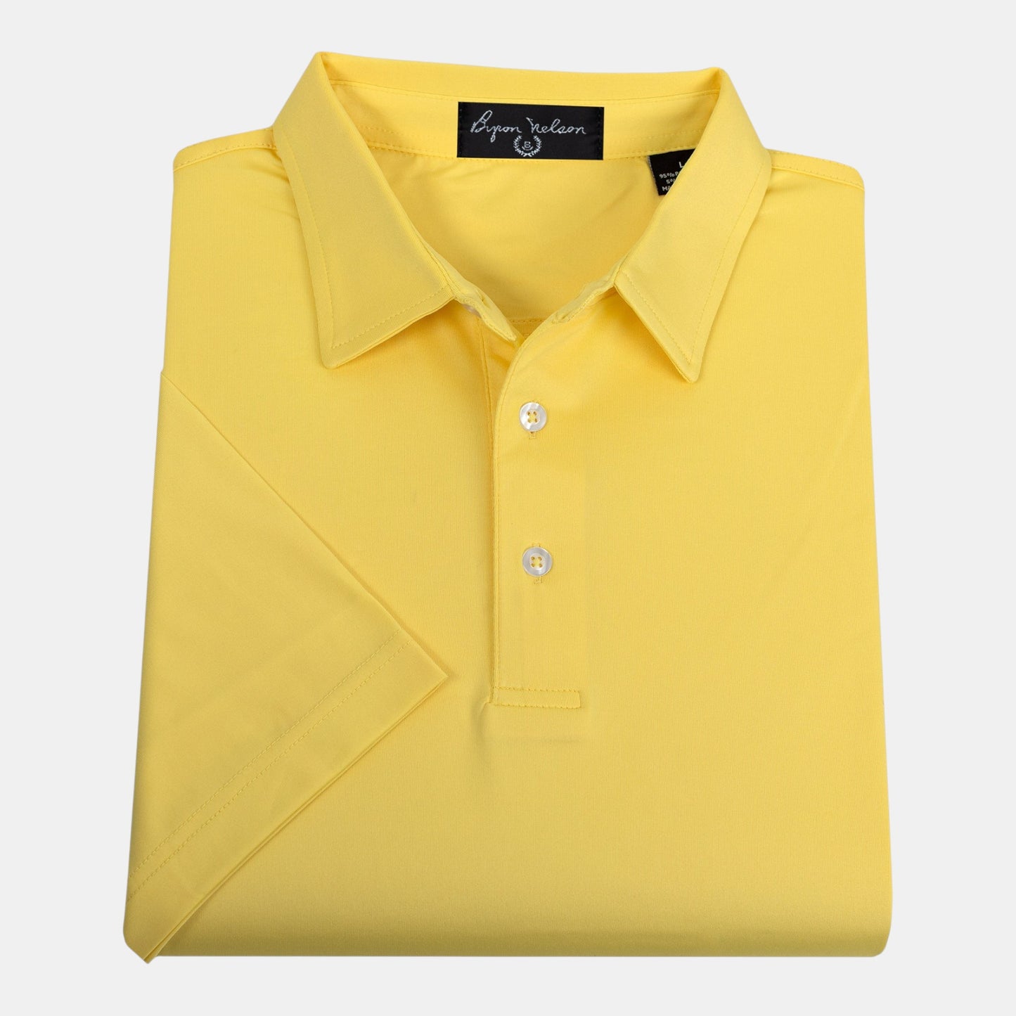 Byron Nelson yellow short-sleeve polo shirt made from polyester and spandex jersey with a soft, moisture-wicking feel.