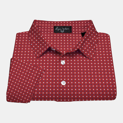 Byron Nelson red polo shirt with all-over white and blue stars, 95% polyester, 5% spandex, moisture-wicking, quick-drying, tailored fit.