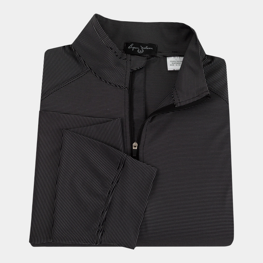 Byron Nelson black and white pinstriped quarter-zip pullover in lightweight performance fabric with a folded collar.