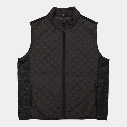 Byron Nelson Highland Hybrid Vest in black with a quilted front, stand collar, and stretch side panels.