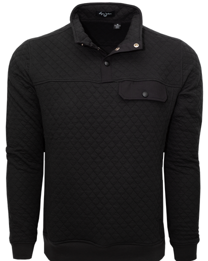 A black quilted sweatshirt with a snap placket and contrast chest pocket, featuring a ribbed cuff and hem.
