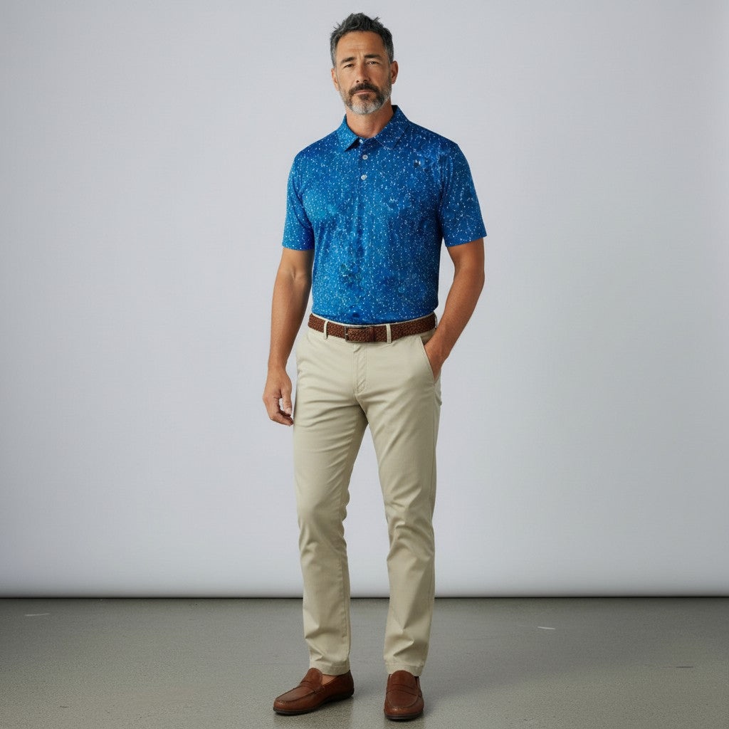 Byron Nelson 19th Pour blue golf polo with tequila print, moisture-wicking stretch fabric, worn with beige trousers.