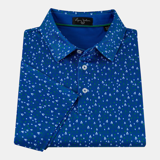 Byron Nelson 19th Pour blue golf polo with tequila print, moisture-wicking stretch fabric.