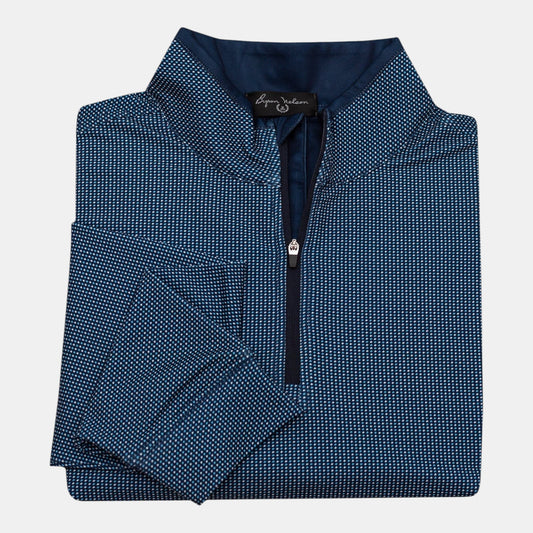 Byron Nelson Ace Layer 1/4 Zip pullover in navy blue with a micro-dot pattern, made of polyester and spandex blend.