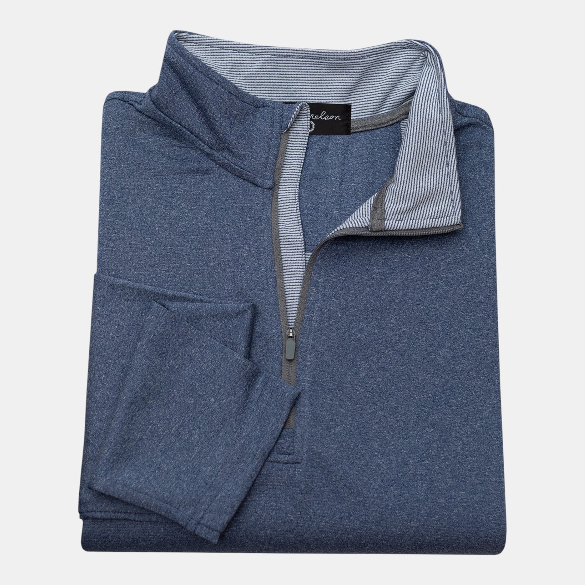 Byron Nelson Back Nine 1/4 Zip performance pullover in heathered blue polyester-spandex blend with a quarter-zip front and striped collar.