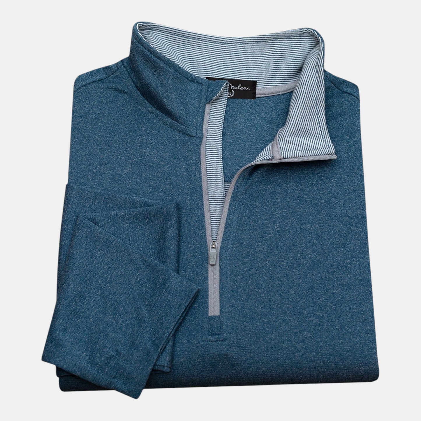 Byron Nelson Back Nine 1/4 Zip performance pullover in heathered teal polyester-spandex with a grey zipper and striped collar lining.
