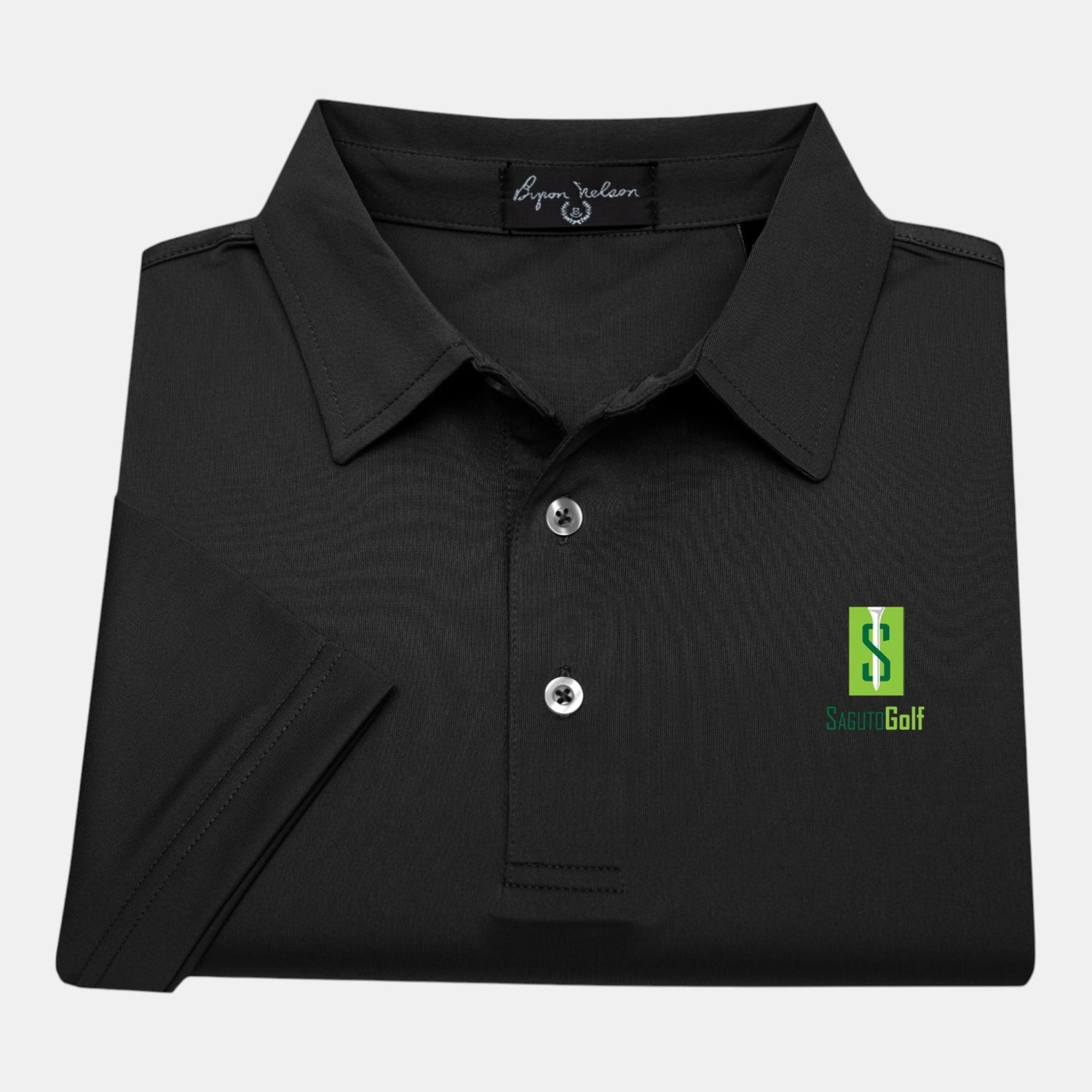 Byron Nelson black polyester-spandex polo shirt with moisture-wicking fabric and Saguto Golf logo.