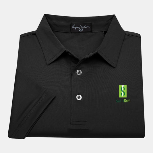 Byron Nelson black polyester-spandex polo shirt with moisture-wicking fabric and Saguto Golf logo.