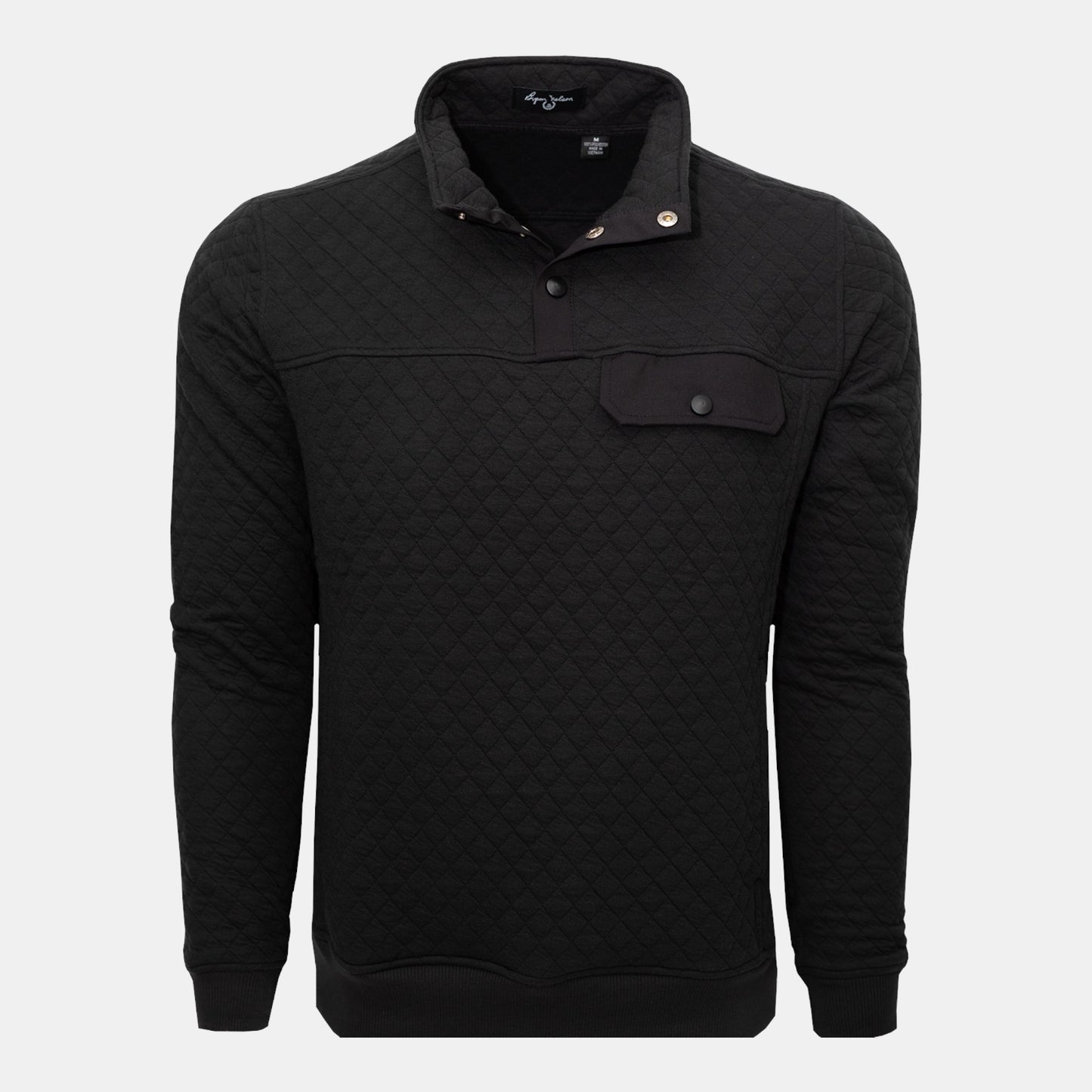 Byron Nelson black quilted pullover with snap placket, chest pocket, and ribbed cuffs. Cotton-polyester blend.