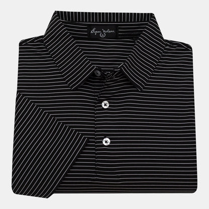 Byron Nelson black and white striped polo shirt, 95% polyester/5% spandex blend, moisture-wicking, four-way stretch.