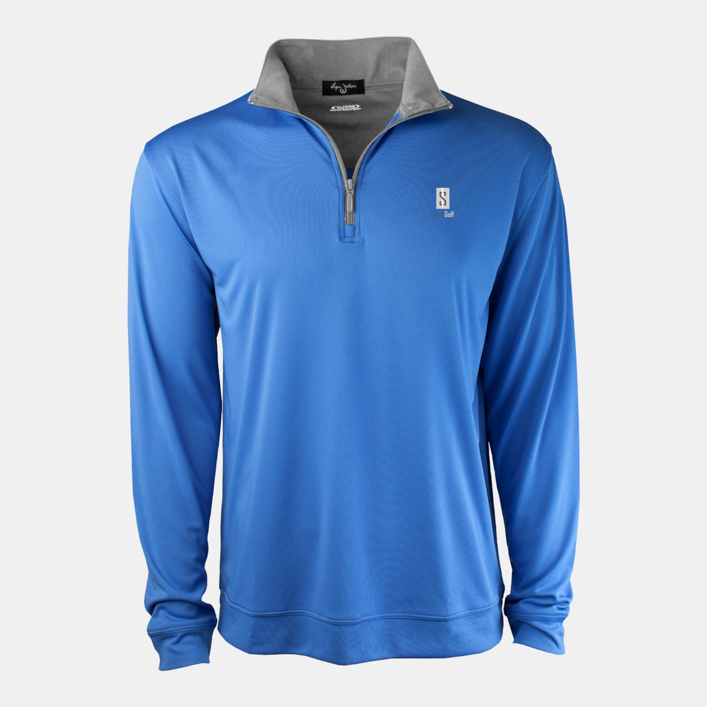 Byron Nelson blue polyester-spandex 1/4 zip pullover with grey collar and Saguto Golf logo on chest.