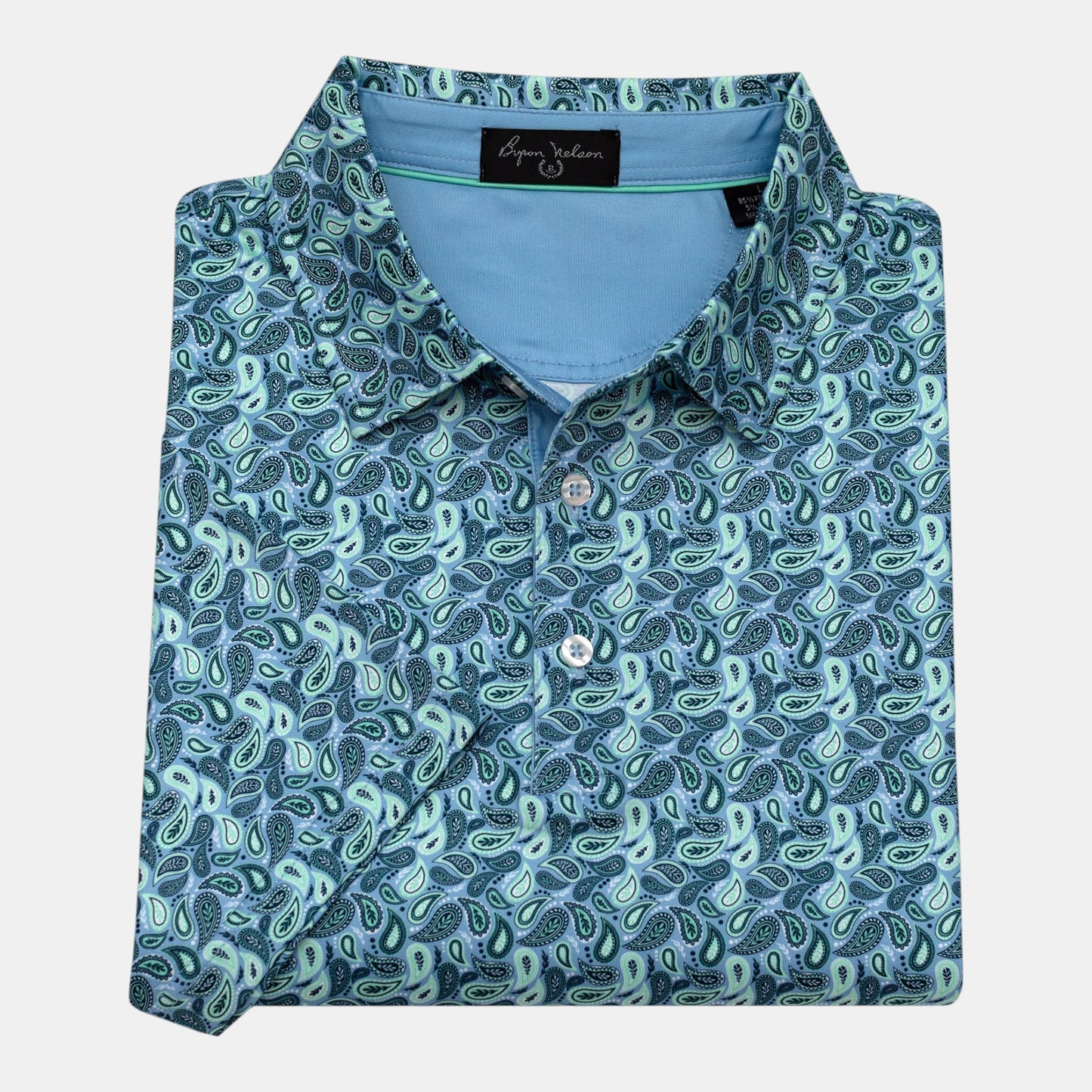 Byron Nelson men's blue paisley golf polo. Moisture-wicking, quick-drying polyester-spandex blend with a tailored fit.