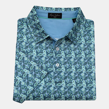 Byron Nelson men's blue paisley golf polo, 95% polyester/5% spandex blend, moisture-wicking, quick-drying, stretch fabric, tailored fit.