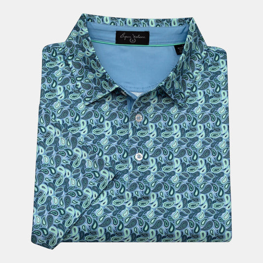 Byron Nelson men's blue paisley golf polo, 95% polyester/5% spandex blend, moisture-wicking, quick-drying, stretch fabric, tailored fit.