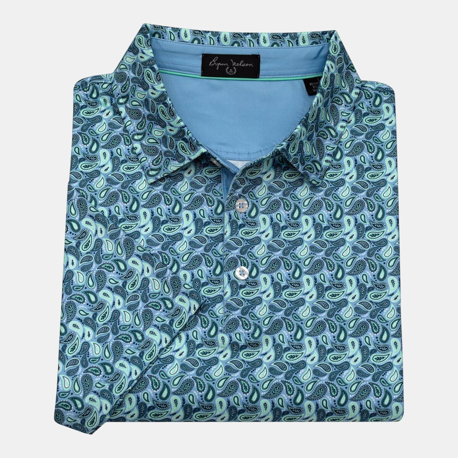 Byron Nelson men's blue paisley golf polo. Moisture-wicking, quick-drying polyester-spandex blend with a tailored fit.