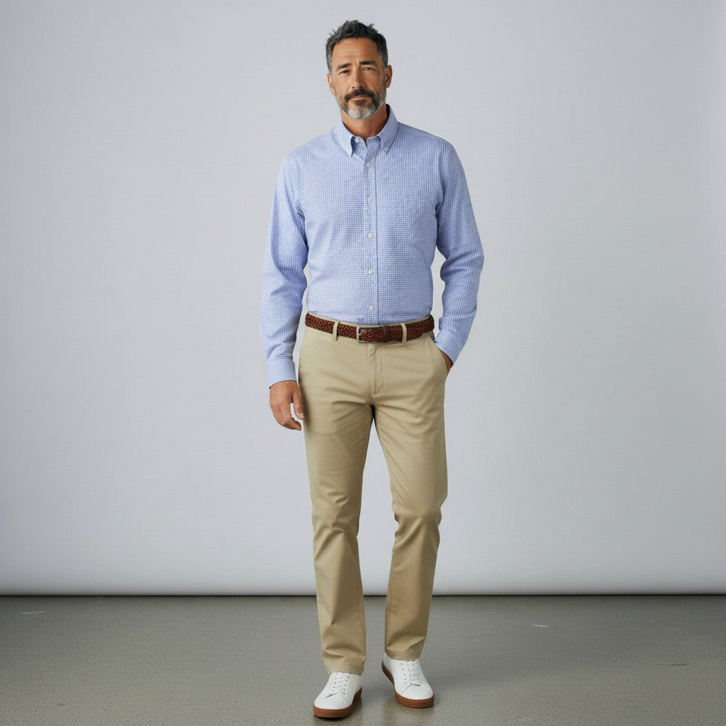 Byron Nelson performance button down shirt in blue micro-stripe with tailored fit, worn with khaki chinos.