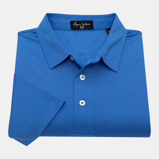 Byron Nelson blue polyester-spandex jersey polo shirt with white buttons and an open sleeve design for comfort.