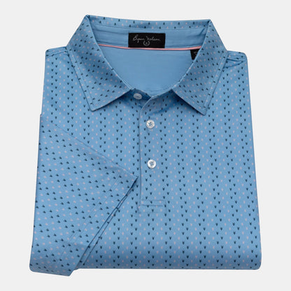 Byron Nelson light blue short-sleeve polo shirt with a subtle all-over arrow pattern in navy and pink. Made from polyester/spandex blend.