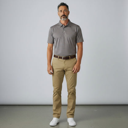 Byron Nelson Blue Ridge Stripe polo shirt in grey with horizontal stripes, worn by a man with khaki trousers.
