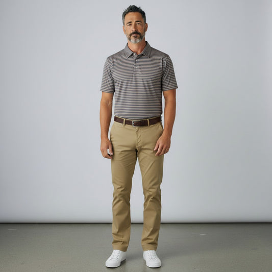 Byron Nelson Blue Ridge Stripe polo shirt in grey with horizontal stripes, worn by a man with khaki trousers.